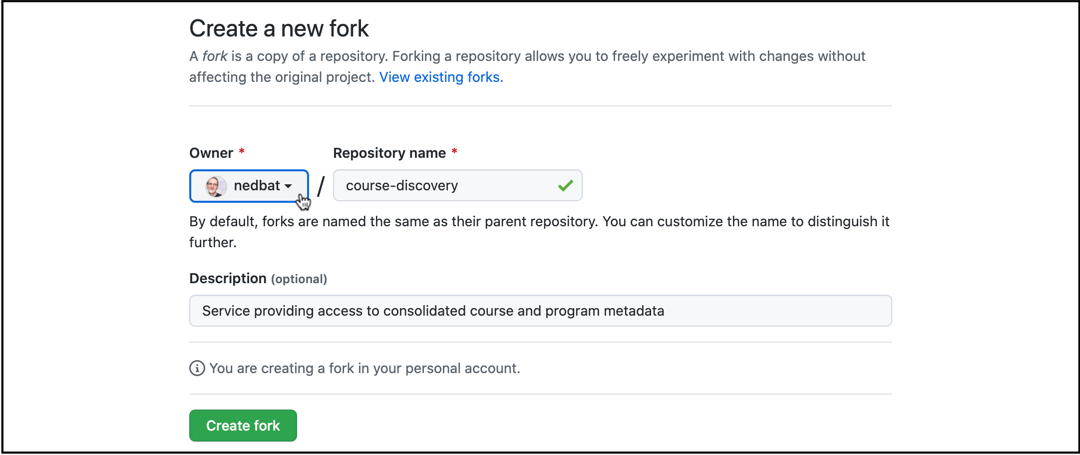 The screen allowing you to pick which GitHub account to fork to