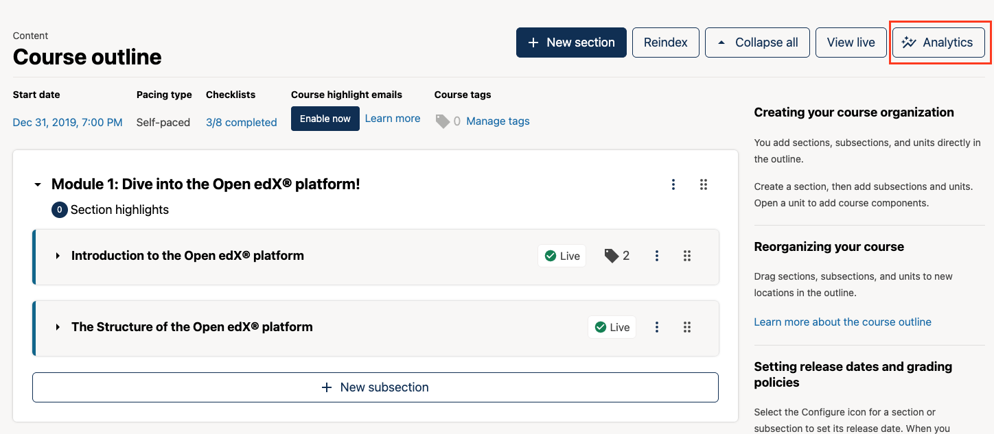 A screenshot of the course outline page in Studio, highlighting the "Analytics" button in the top context menu