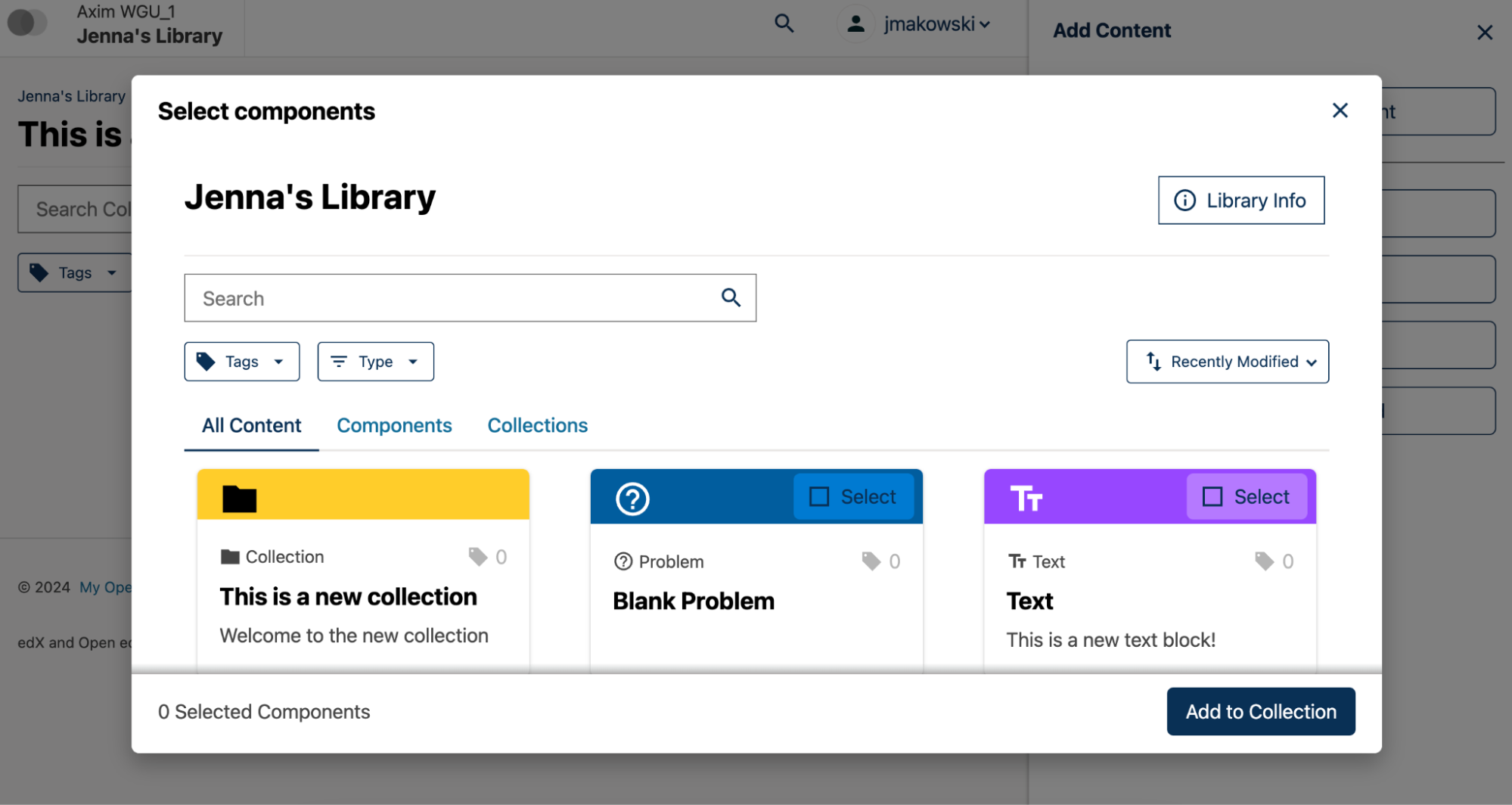 A Collection (shown in a modal) with three components