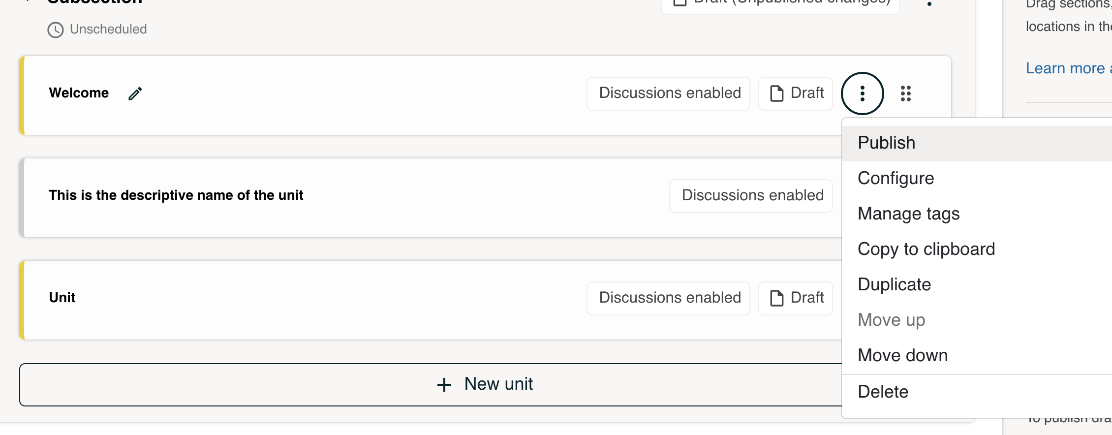 The Course Outline page the publish option highlighted for a unit.